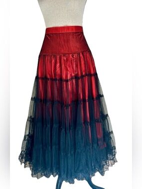 Aida Vintage Skirt S Red Satin Base Black Lace Overlay Whimsigoth Vampy Romance